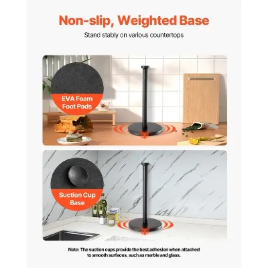 VEVOR Paper Towel Holder Countertop, Stainless Steel Kitchen Paper Towel Stand with Weighted Base and Suction Cups, Black image {3}