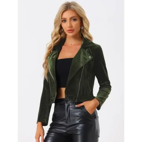 Allegra K Women's Velvet Zipper Lapel Collar Moto Biker Jacket image {1}