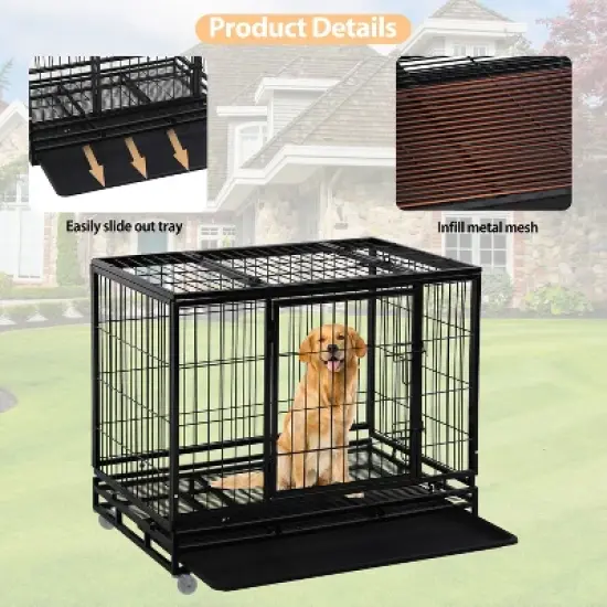 FDW 36/42/48 Inch Dog Crate Heavy Duty Dog Kennel Indoor Outdoor Metal Dog Cage with Removable Pan and Lockable Wheels Pet Playpen for Training image {3}