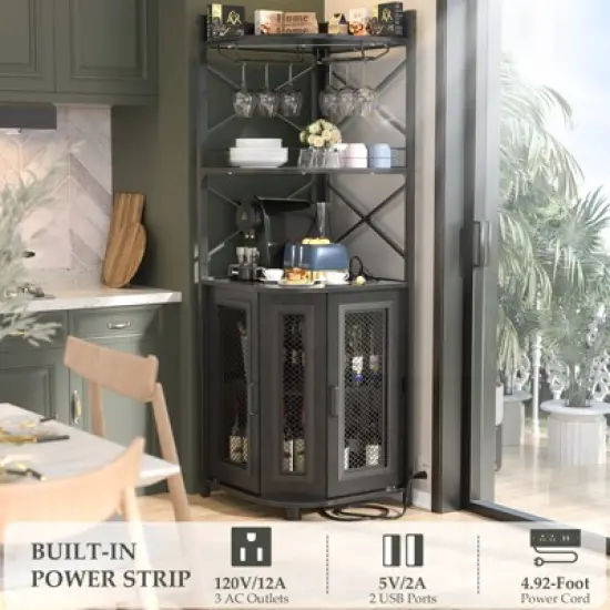 Aheaplus Corner Wine Cabinet with LED Strip and Glass Holder image {3}