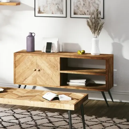 Mindful Living Rustic Farmhouse Mid Century Fusion 2 Shelf Mango Wood Top & Iron Hairpin Legs Chevron Pattern TV Console Cabinet Entertainment Center image {2}