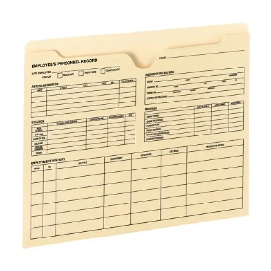 Smead Employee Record File Jacket, Reinforced Straight-Cut Tab, Flat-No Expansion, Letter Size, Manila, 20 per Pack (77100) image {1}
