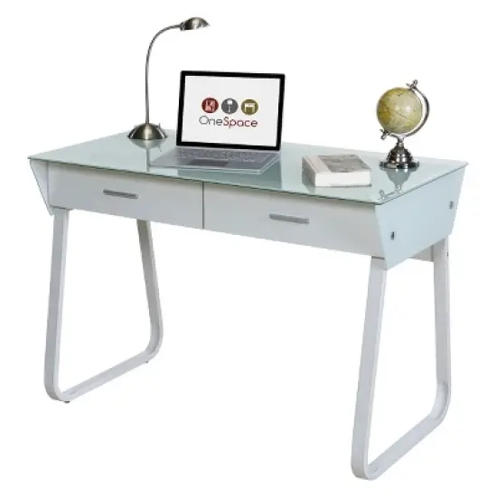Ultramodern Glass Computer Desk with Drawers Steel Frame White - OneSpace image {5}