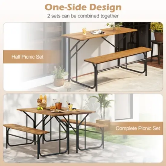 Tangkula 2PCS Table Bench Set for 2 Picnic Table & Loveseat w/Acacia Wood Top Metal Legs image {5}