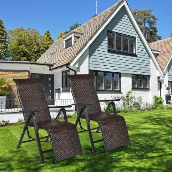 Costway 2PCS Patio Rattan Folding Lounge Chair Recliner Back Adjustable Beach Yard Pool image {10}