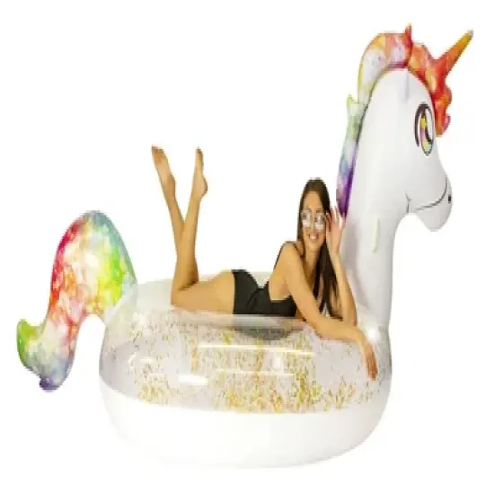 PoolCandy Gigantic Rainbow Unicorn Glitter Pool Raft Ultra Durable Sun Tan Fun Great For Pools, Lakes, And More image {5}