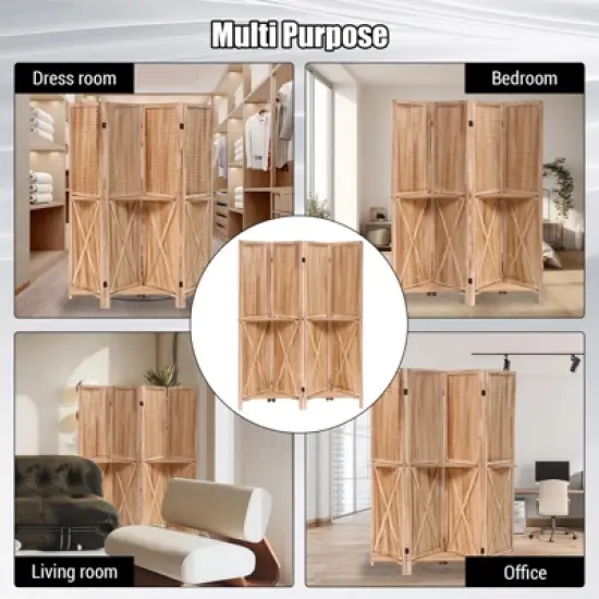 GustoWave Wooden Room Divider Wall 4 Panel with Holes,5.6FT Tall Room Divider with Shelves,Folding Privacy Screens 67 in for Room Separation Home image {3}