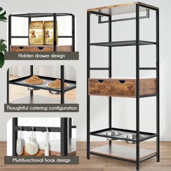 Lirago Black Vintage Cat Feeding Station 23.6x13.8x63"-3 Adjustable Bowls and Storage Shelves image {2}