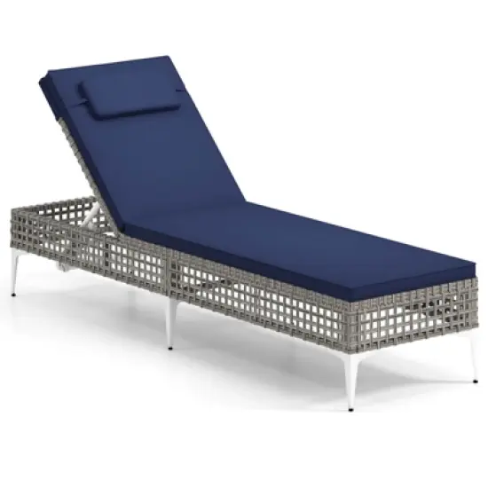 Costway 1/2 PSC Patio Chaise Lounge Chair with 6-Level Adjustable Backrest Removable Cushion Navy/White/Gray image {1}
