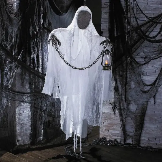 5 Ft. Hanging Faceless Ghost with Lantern & Chain Halloween Decoration image {1}