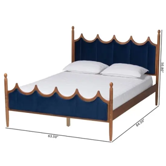 Baxton Studio Queen Calgary Velvet Fabric and Wood Platform Bed Royal Blue/Walnut Brown image {8}