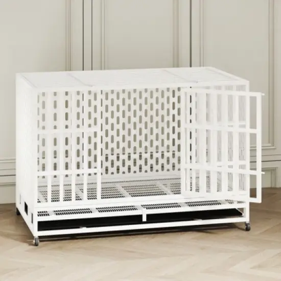 XBRIGH 48-Inch Heavy Duty Tin Dog Crate with Wheels, Sturdy Door Lock, Double Doors and Removable Tray Design image {11}