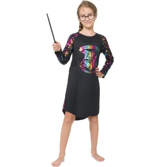 Harry Potter Girls Hogwarts Rainbow Hologram Raglan Nightgown Pajama Black image {3}