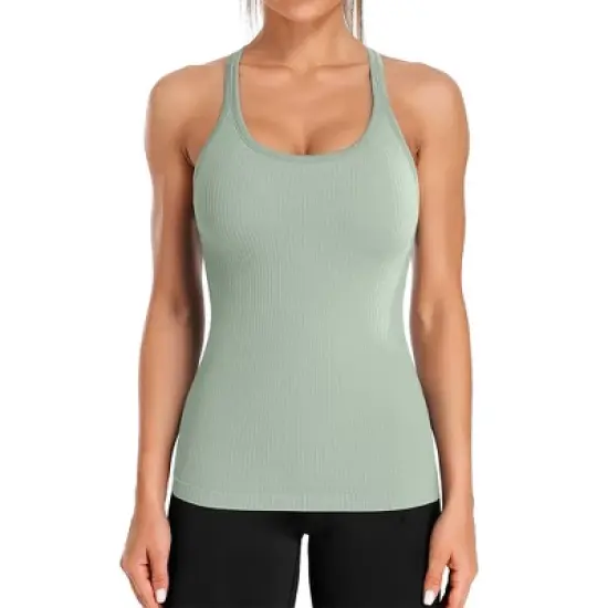 Attraco Women's Ribbed Workout Tank Tops with Built in Bra Tight Racerback Scoop Neck Athletic Top Yoga Tops image {1}
