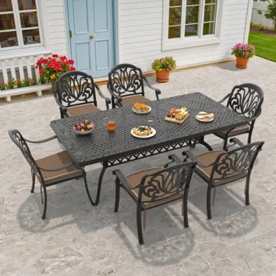 7-Piece Cast Aluminum Outdoor Dining Set with Brown Cushions, Rectangle Table & Stackable Chairs - for Patio, Backyard image {10}