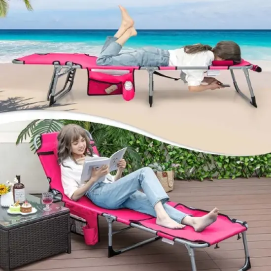 Costway 2 PCS Outdoor Folding Chaise 5-Position Lounge Chair with Adjustable Footrest Pink/Gray/Dark Pink/Navy Blue image {3}