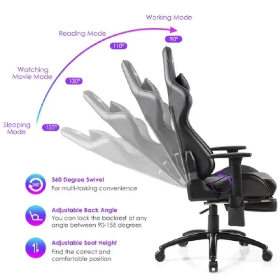 Costway Massage Gaming Chair Adjustable Reclining Racing Chair w/Headrest&Footrest Gray\Black image {6}