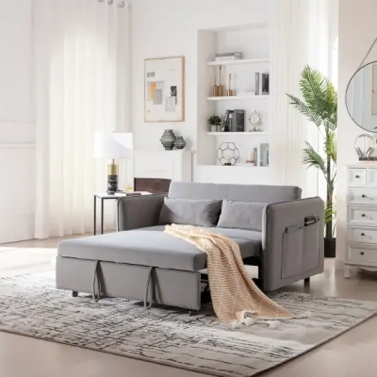 Modern 55" Convertible Velvet Sleeper Sofa Bed with Adjustable Backrest, Compact Pull-Out Loveseat for Small Apartments or Offices-The Pop Home image {8}