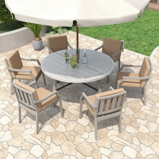 FIONECA 6-Person Outdoor Wooden Dining Set with Umbrella Hole & Removable Cushions, Antique Gray Patio Furniture for Backyard & Garden image {1}