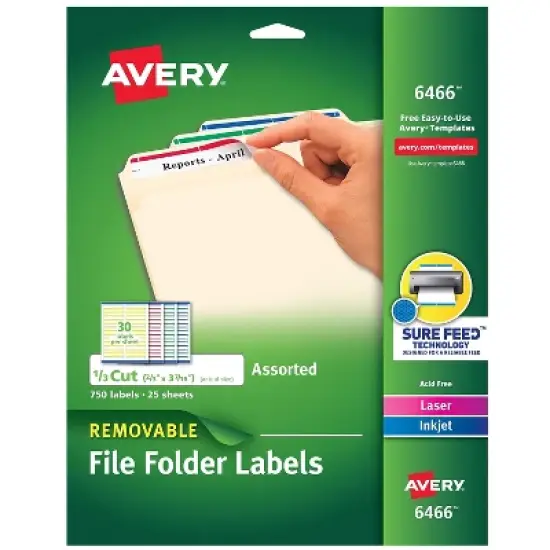 Avery Removable 1/3-Cut File Folder Labels Inkjet/Laser .66 x 3.44 WE/ASST 750/PK 6466 image {9}