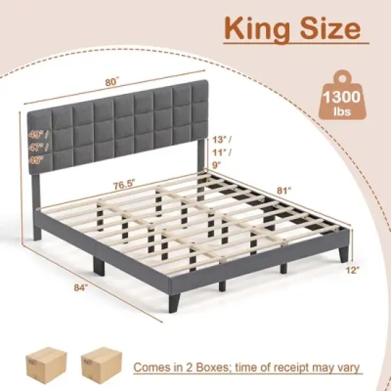 Costway Full/Queen/King Size Bed Frame Modern Linen Fabric Upholstered Platform Bed with Headboard image {2}