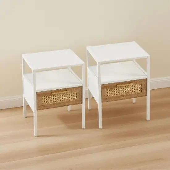 KWPZQEB Rattan Nightstands Set of 2 -Farmhouse Night Stand with Drawer and Storage Shelf - Boho Bedside Table End Side Table for Bedroom, White image {1}