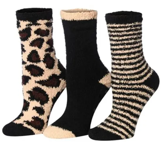 Tipi Toe Women's 3 Pairs Cozy Microfiber Anti-Skid Soft Leopard Solid Stripes Patterned Fuzzy Crew Socks image {4}
