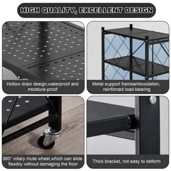 Foldable Storage Shelves with Wheels, 5 Tier Large Capacity Shelving Unit, Freestanding Metal Wire Shelf Rack image {4}