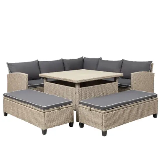 6pc Wicker Patio Set with Benches - Brown/Gray - GODEER image {5}