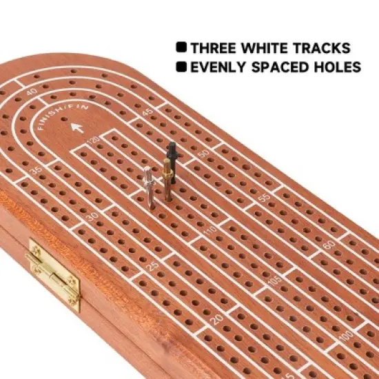 GSE 3-Track Wooden Cribbage Board Game with Playing Cards, 9 Metal Pegs, and Storage Area for Family Game image {3}