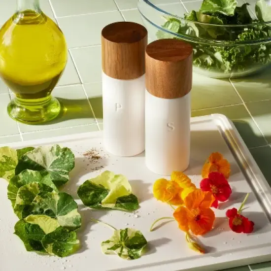 Ceramic Salt and Pepper Grinder Set Cream - Figmint&trade;: Wood & Stoneware, 6.25" Height, 55 Volume Capacity, 2-Piece Set image {1}