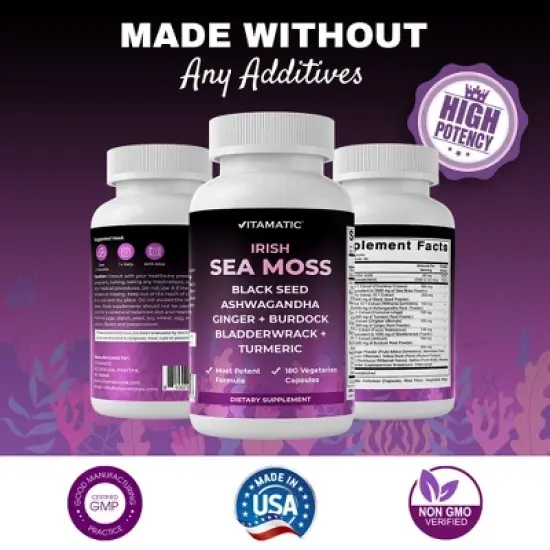 Sea Moss 3000mg with Black Seed Oil, Ashwagandha, Turmeric, Bladderwrack, Burdock - 180 Veg Capsules image {5}