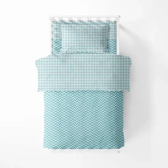 Bacati - Houndstooth/Herringbone Aqua Unisex Muslin 4 pc Toddler Bedding Set image {2}