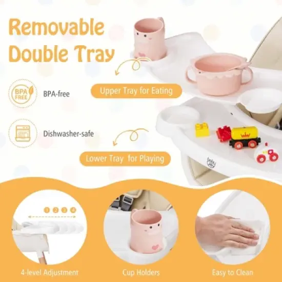 Babyjoy Baby High Chair Wooden Feeding Chair with 4-Gear Tray & Removable Cushion Beige/Grey image {3}