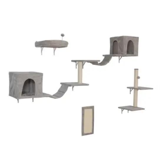 Sevobal Pet Tower, Modern Wall-Mounted Cat Shelves with Cat House, Bridge, Steps, Stable Cat Climber for Indoor, Gray, 92.65"*13.55"*13.25" image {5}
