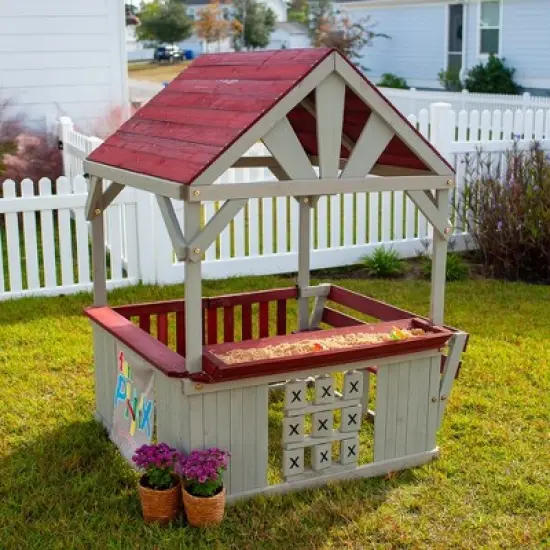 Funphix Hangout Hut, Kids Outdoor Wooden Playhouse with Sandbox & Tic Tac Toe image {1}