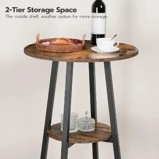 Round coffee table with double-layer storage. 37.4-inch-high legs make it ideal for compact spaces, also suitable as a bar table. Brown. image {5}