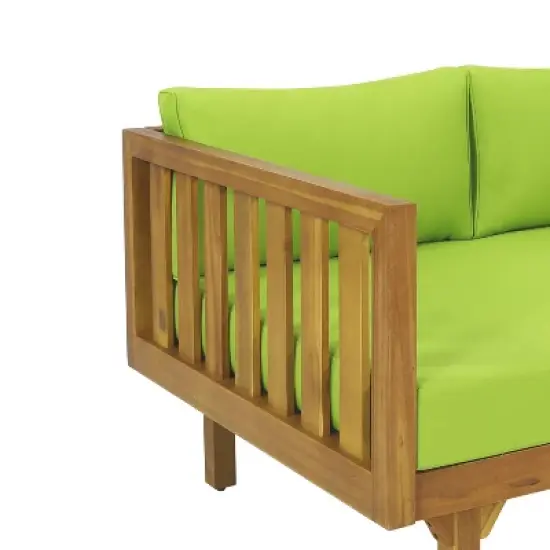 Claremont Outdoor 3 Seater Acacia Wood Daybed with Cushions Teak/Green - Christopher Knight Home: UV-Resistant, Water-Repellent Patio Sofa image {7}