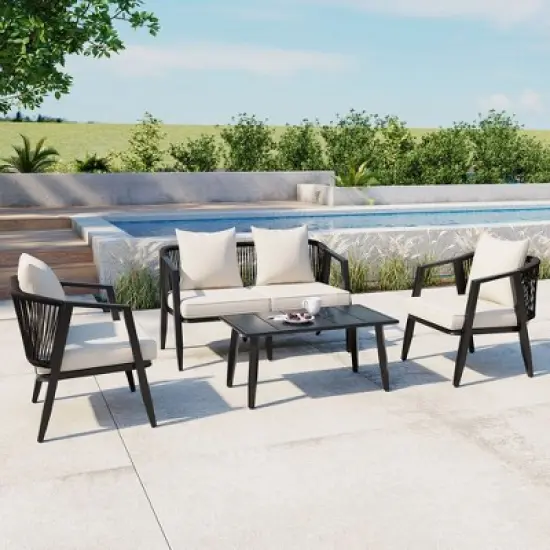 APRILSOUL Comfortable Outdoor Seating Set,2 single chairs,1 double chair,functional iron table,Suitable for Patios, Lawns, and Poolsides image {11}