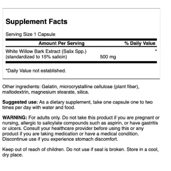 Swanson Herbal Supplements White Willow Bark Extract - Standardized 500 mg 120 Caps image {2}