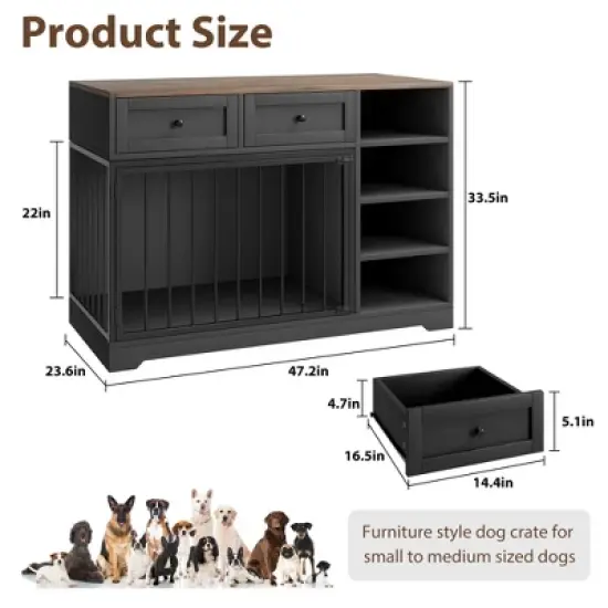 47" Dog Crate Furniture with 2 Storage Drawers & 4 Deep Shelves - Extra Large Wooden Indoor Kennel End Table for Large Medium Dogs image {2}