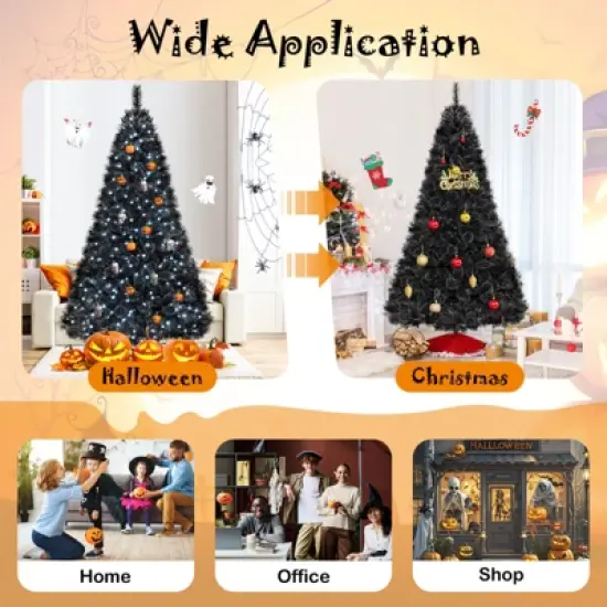 Tangkula 8/7/6 FT Black Artificial Halloween Tree Pre-lit Hinged Full Xmas Tree w/ Branch Tips Pine Needles Cold White LED Lights image {4}