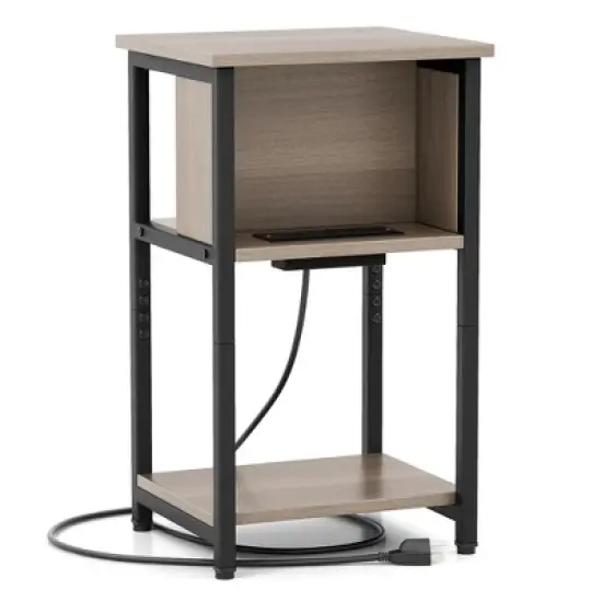 Costway 1/2 PCS Nightstand 3-Tier End Table with Charging Station USB Ports & Power Outlets Grey & Black image {8}