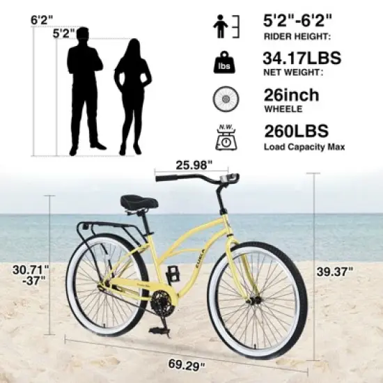INFURNIC Bicycles Single Speed Beach Cruiser Bike with Steel Frame and Coaster Brake for Women Commuter Riding, Yellow, 69.29"*25.98"*39.37" image {2}