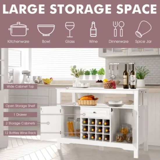 Costway Storage Buffet Sideboard Table Kitchen Sever Cabinet Wine Rack White image {7}