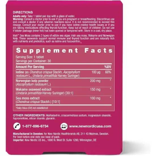 NEW NORDIC Irish Sea Moss Extract - Tri-Algae Complex with Norwegian Kelp & Wakame Seaweed - Vegan & Gluten Free , Compressed Raw Powder - 30 Tablets image {1}