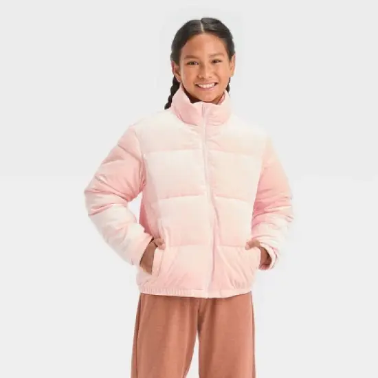 Girls' Solid Velvet Cropped Puffer Jacket - art class&trade; image {3}