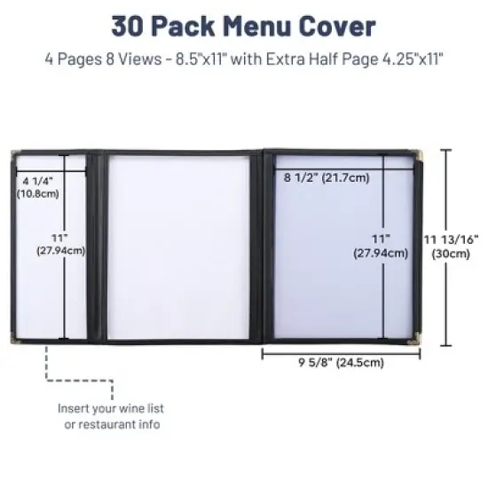 WeChef 30 Pcs Menu Covers 8.5x11" 4 Page 8 View & 4.25x11" Half Page Wine List image {1}