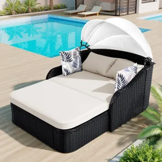 Outdoor Sunbed, Patio PE Rattan Daybed, Upholstered Chaise Lounger with Adjustable Canopy - ModernLuxe image {11}