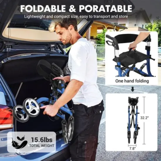 GustoWave Walker for Seniors,Folding Walker and Transport Wheelchair Combo for Seniors,Rollator with Seat, Backrest, Hand Brakes & Footrests image {7}